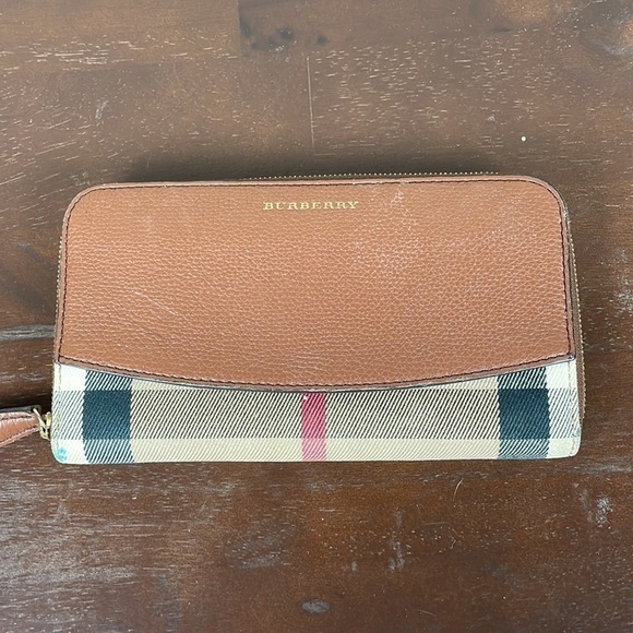 Burberry Elmore Zip Wallet Leather with Horseferry Check Canvas Brown Tan Plaid - Picture 2 of 13